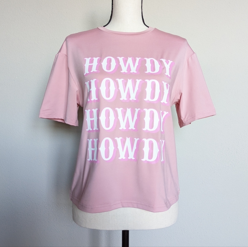 Pink and white western Howdy short sleeve tshirt top size L